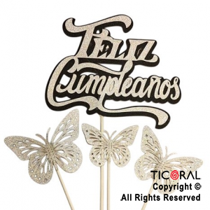 CAKE TOPPER MARIPOSA FELIZ CUMPLEAOS PLATA Y NEGRO GIBRE CON PINCHE X 1